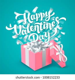 Sant Valentines Day greeting card. White Happy Valentines day lettering and pink Gift box color with silver confetti hearts on aqua blue background. Vector illustration