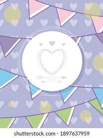 Sant Valentines Day greeting card on a purple background with white hearts and flags. Place for text.