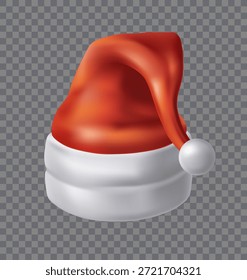 Gorra Santa 3d. Sombrero de Claus aislado sobre fondo transparente de piel blanca y pompón, feliz Navidad y año nuevo Navidades traje de temporada, Elementos decorativos de ropa de vacaciones de invierno. Ilustración vectorial