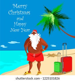 Santa African American. Santa Claus on the beach