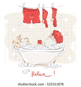 Santa after work / Grandfather relaxing in a bath with a cup of hot drink, funny postcard