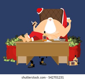 Santa after work relaxes. Rich Claus and red bag with money. Drink and Cigar. bottle of whiskey and glass with ice. Office. Earnings for Christmas. Cool old man. Xmas gainings. New Year income wealth