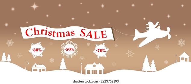 Santa in airplane flying above the houses with aero advertisement of Christmas SALE. Merry Christmas, xmas, discounts card. Winter landscape, snowflakes with percentage discounts, houses and fir trees