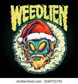 Santa alien head smoking with weed word lettering vector illustrations for your work logo, merchandise t-shirt, stickers and label designs, poster, greeting cards advertising business company or brand