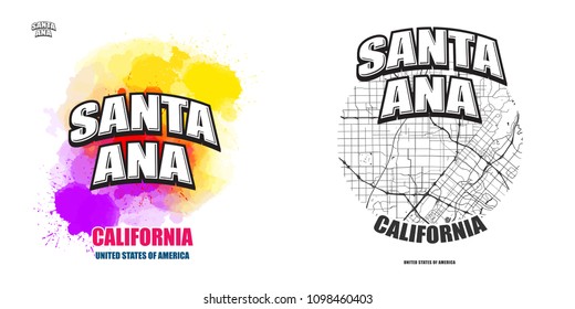 Santa Ana, California, logo design. Two in one vector arts. Big logo with vintage letters with nice colored background and one-color-version with map for every possible print production.