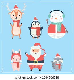 santa and animals wearing christmas clothes characters vector illustration design