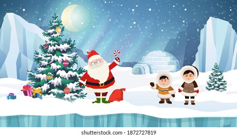 Santa and arctic people in traditional eskimos costume with Christmas tree. Igloo, glacier and northern lights in the background. Christmas holidays vector illustration.