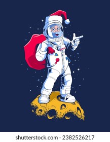 Santa Astronaut. Funny Christmas Cartoon Illustration.