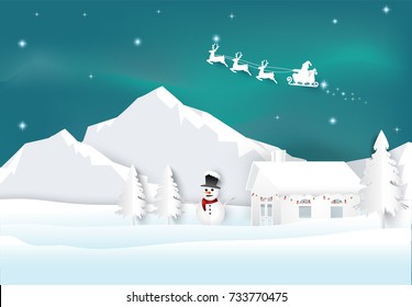 Santa with aurora on sky background. Christmas season paper art style illustration.