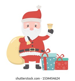 santa with bag bell and gifts celebration merry christmas vector illustration