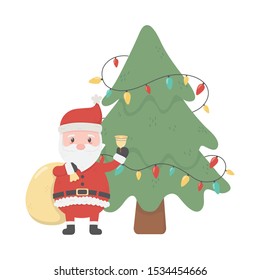 santa with bag bell and tree lights celebration merry christmas vector illustration