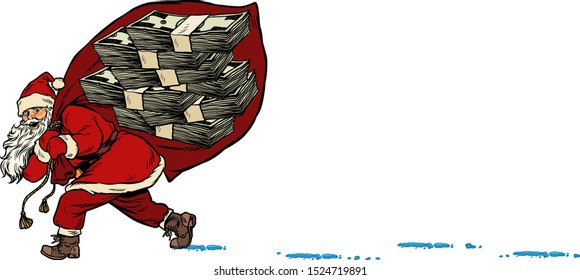 Santa with a bag of dollars money prize. Christmas and New year. Pop art retro vector illustration kitsch vintage drawing