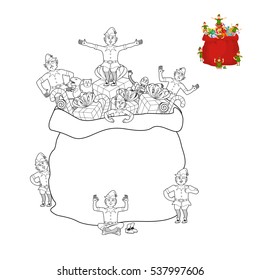 Santa bag and elf coloring book. Christmas sack and elves line style. Santas helper
