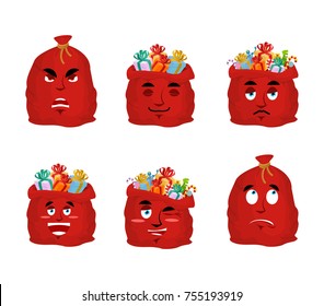 Santa bag Emoji set. Christmas sack with gifts emotion collection. Red sackful of gifts isolated. Good and evil. Cheerful and sad. Sleep and stupid
