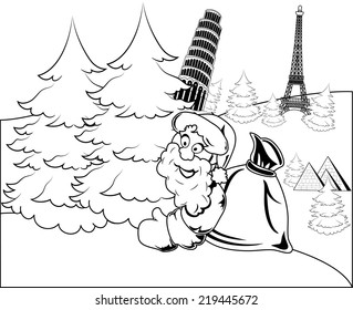 Santa with a bag full of gifts near a fir tree, black and white outline illustration