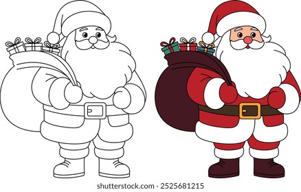 Papai Noel com saco cheio de presentes Contorno Colorir Página. Ilustração de Natal e inverno 