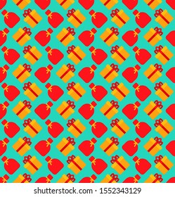 Santa bag and Gift box pattern seamless. New Year and Christmas background. Birthday and holiday texture. Vector ornament