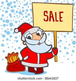 Santa with a bag of gifts and banner. A vector illustration.