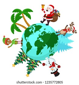 Santa with a bag of gifts goes around the earth.