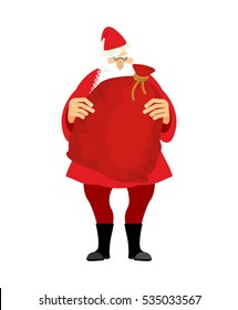 Santa and bag with gifts isolated. Big red sack. Gift for Christmas and new year. Xmas template design
