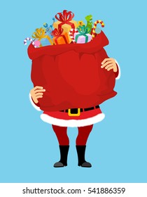 Santa and bag with gifts isolated. Big red sack. Gifts for Christmas and new year. Xmas template design
