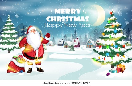 Santa with a bag of gifts near a Christmas tree on the background of a village with snow-covered houses. Winter Christmas scene vector illustration