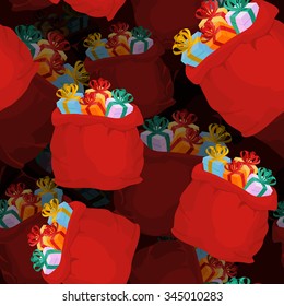Santa bag of gifts seamless pattern. Festive red sack of volumetric background. Christmas ornament. Texture of present for xmas and new year