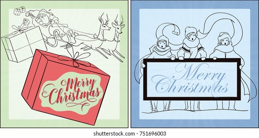 Santa with a bag of gifts. Singing children. Inspiration for scrapbook, banner, sticker and other design. Suitable for web, social network and online store. Vector illustration.