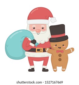santa with bag and gingerbread man with hat decoration merry christmas vector illustration