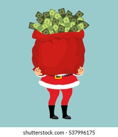 Santa And Bag Of Money. Christmas Gift Cash. Red Sack With Dollars