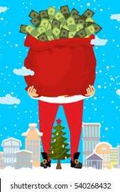 Santa And Bag Of Money. Christmas Gift Cash. Red Sack With Dollars
