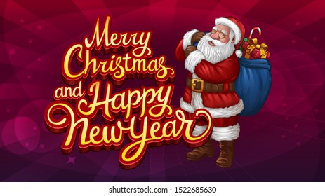 Santa with bag on abstract red background. Merry Christmas and happy new year text. Vector illustration