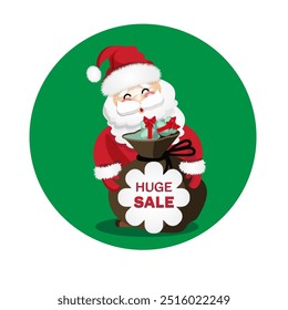 santa  and bag with presents, huge sale winter ,sticker ,holiday label , happy new year celebration