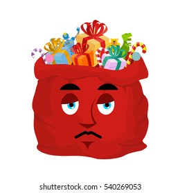 Santa bag sad Emoji. Christmas sack with gifts sorrowfu emotion. Red sackful of gifts isolated