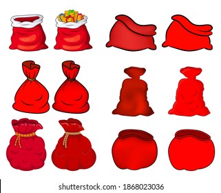 Santa bag set. Red sack of santa claus collection. Empty and tied up. Vector present package isolated on white background. Christmas gift packaging. Xmas cartoon illustration.