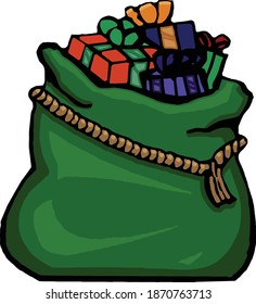 Santa bag is stuffed with gifts on Christmas morning.  This clip art features a Santa bag  surrounded by wrapped gifts. 