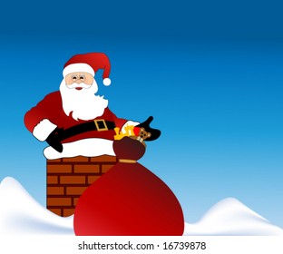 santa with bag of toys on rooftop