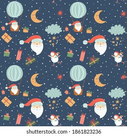 Santa balloons Flying Santa laus pattern. Cute dark Christmas background. Santa Claus in air balloon