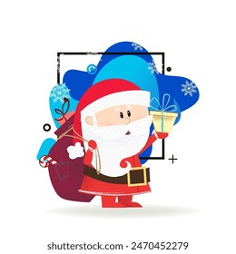 Santa banner design. Drawing of cartoon Santa Claus carrying sack with presents and giving gift box background with snowflakes. Can be used for topics like Christmas, holiday, festival, cartoon