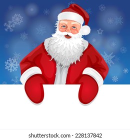 Santa with banner on a background of snowflakes