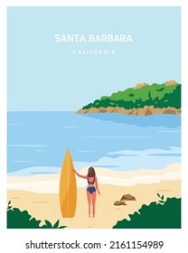 Santa Barbara beach with girl holding surfboard, Vector illustration background. Suitable for poster, postcard, template.