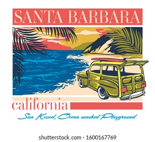 Santa Barbara California retro poster design illustration