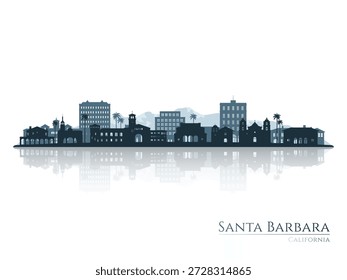 Silhueta do horizonte de Santa Bárbara com reflexão. Paisagem Santa Barbara, Califórnia. Ilustração vetorial.