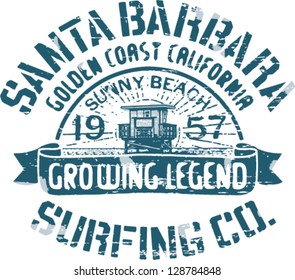 Santa Barbara surfing, artwork for t shirt print, 2 custom colors