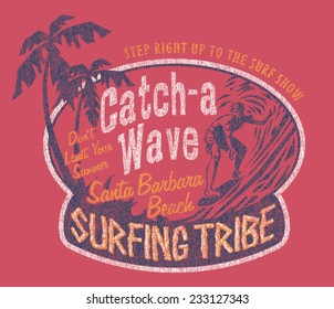 Santa Barbara surfing, vintage prints for sports wear in custom colors, grunge effect in separate layer