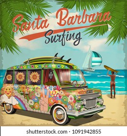 Santa Barbara,California poster with retro bus.