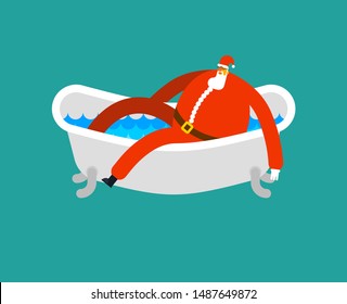 Santa in bath. Klaus is relaxing in bathtub. New year and christmas grandfather