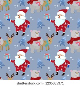 Santa bear and deer seamless pattern