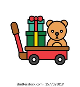 Santa bear and gift boxes in hand trolley vector in filled design