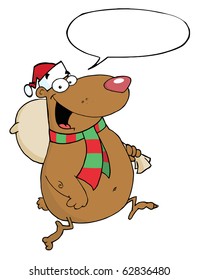 Santa Bear Runs With Bag And Speech Bubble